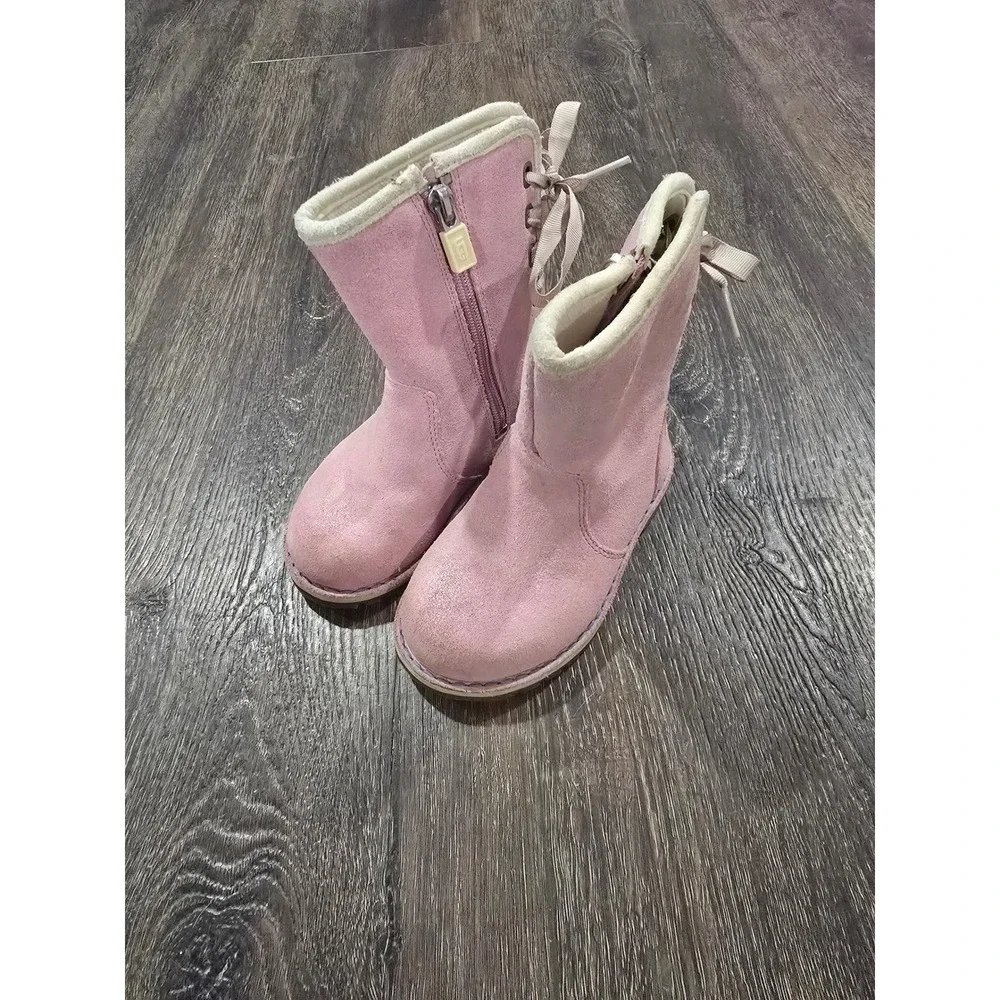 UGG Australia Girls Pink Suede Ribbon Bow Side Zip Boots Mid Calf Kids